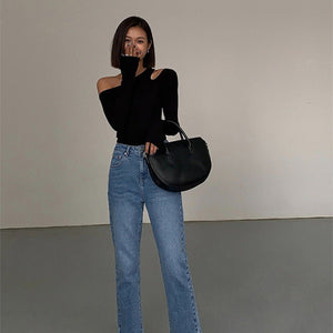 Black sxy one - shoulder off - shoulder bottoming shirt for women, all - match long - sleeved T-shirt, tight - fitting inner strapless clavicle top - Negative Apparel