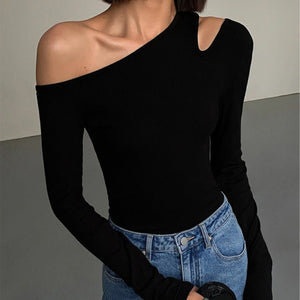 Black sxy one - shoulder off - shoulder bottoming shirt for women, all - match long - sleeved T-shirt, tight - fitting inner strapless clavicle top - Negative Apparel