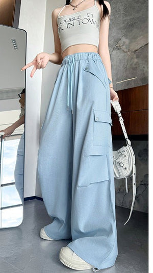 Blue American overalls women's spring, autumn and summer thin 2025 new straight paratrooper wide - leg pants small sweatpants - Negative Apparel