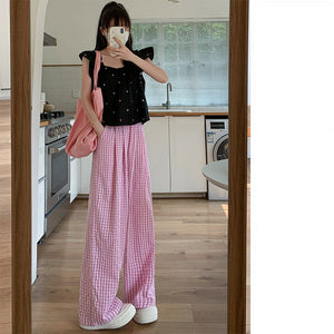 Blue plaid wide - leg pants women's spring and summer 2025 new high - waisted drape casual pants loose and lazy walking Yamamoto pants - Negative Apparel