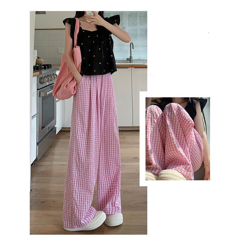 Blue plaid wide - leg pants women's spring and summer 2025 new high - waisted drape casual pants loose and lazy walking Yamamoto pants - Negative Apparel