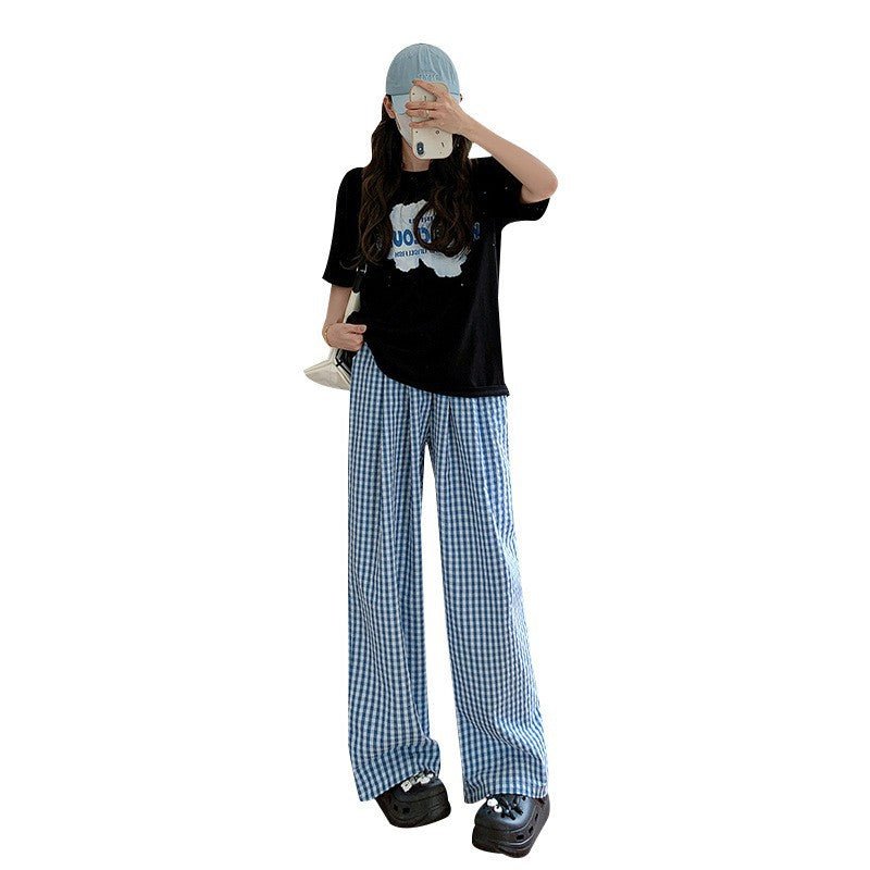 Blue plaid wide - leg pants women's spring and summer 2025 new high - waisted drape casual pants loose and lazy walking Yamamoto pants - Negative Apparel