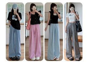 Blue plaid wide - leg pants women's spring and summer 2025 new high - waisted drape casual pants loose and lazy walking Yamamoto pants - Negative Apparel