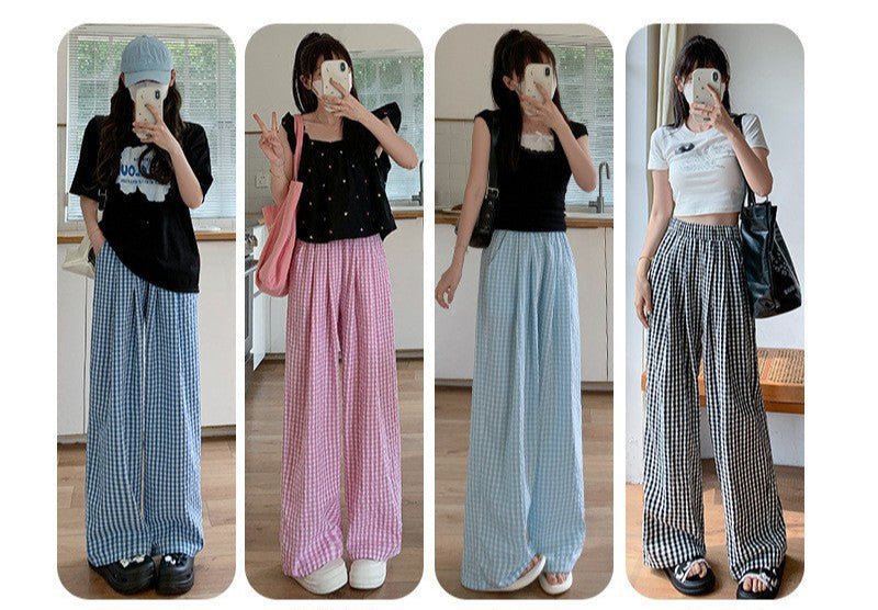 Blue plaid wide - leg pants women's spring and summer 2025 new high - waisted drape casual pants loose and lazy walking Yamamoto pants - Negative Apparel