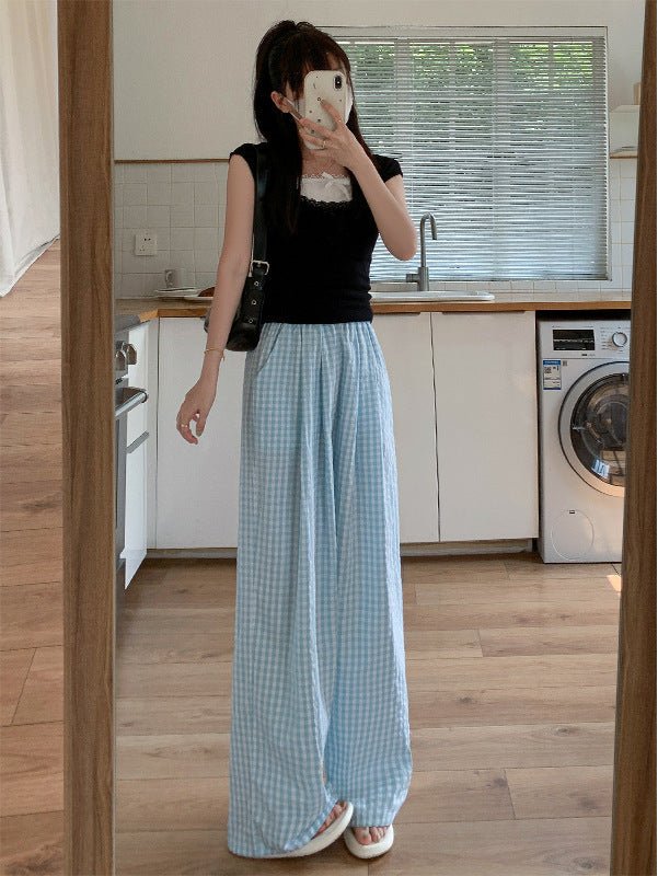 Blue plaid wide - leg pants women's spring and summer 2025 new high - waisted drape casual pants loose and lazy walking Yamamoto pants - Negative Apparel