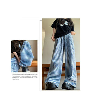 Blue plaid wide - leg pants women's spring and summer 2025 new high - waisted drape casual pants loose and lazy walking Yamamoto pants - Negative Apparel