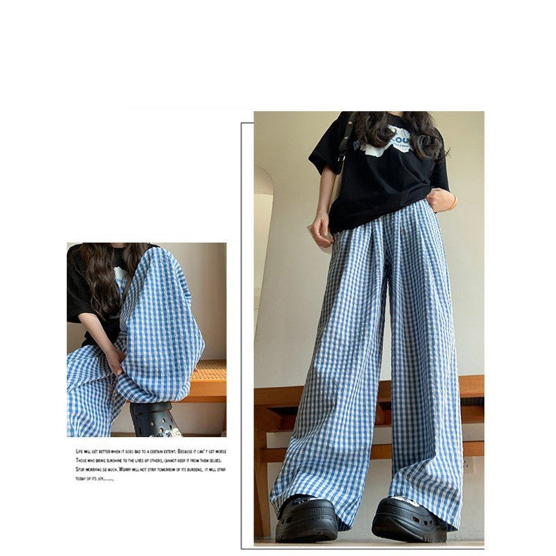 Blue plaid wide - leg pants women's spring and summer 2025 new high - waisted drape casual pants loose and lazy walking Yamamoto pants - Negative Apparel