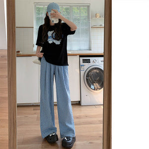 Blue plaid wide - leg pants women's spring and summer 2025 new high - waisted drape casual pants loose and lazy walking Yamamoto pants - Negative Apparel