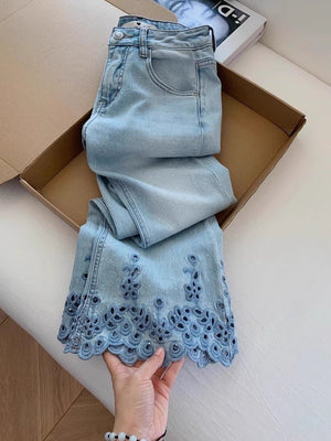 Blue Women’s High - Waist Nine - Point Straight - Leg Denim Jeans – Japanese & Korean Casual Style with Button & Zipper Detail | Summer 2025 Collection - Negative Apparel