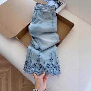 Blue Women’s High - Waist Nine - Point Straight - Leg Denim Jeans – Japanese & Korean Casual Style with Button & Zipper Detail | Summer 2025 Collection - Negative Apparel