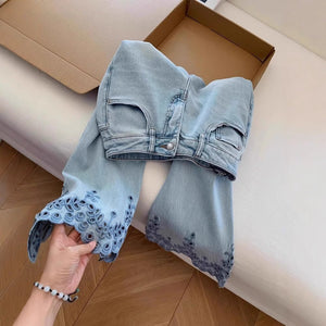 Blue Women’s High - Waist Nine - Point Straight - Leg Denim Jeans – Japanese & Korean Casual Style with Button & Zipper Detail | Summer 2025 Collection - Negative Apparel