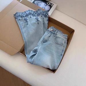 Blue Women’s High - Waist Nine - Point Straight - Leg Denim Jeans – Japanese & Korean Casual Style with Button & Zipper Detail | Summer 2025 Collection - Negative Apparel