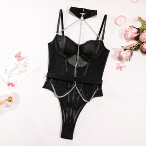 Body shaping slimming gathered comfortable sxy belt metal halter neck bodysuit lingerie - Negative Apparel