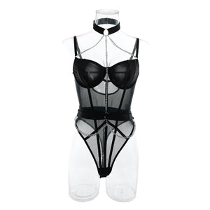 Body shaping slimming gathered comfortable sxy belt metal halter neck bodysuit lingerie - Negative Apparel