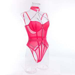 Body shaping slimming gathered comfortable sxy belt metal halter neck bodysuit lingerie - Negative Apparel