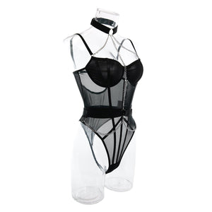 Body shaping slimming gathered comfortable sxy belt metal halter neck bodysuit lingerie - Negative Apparel