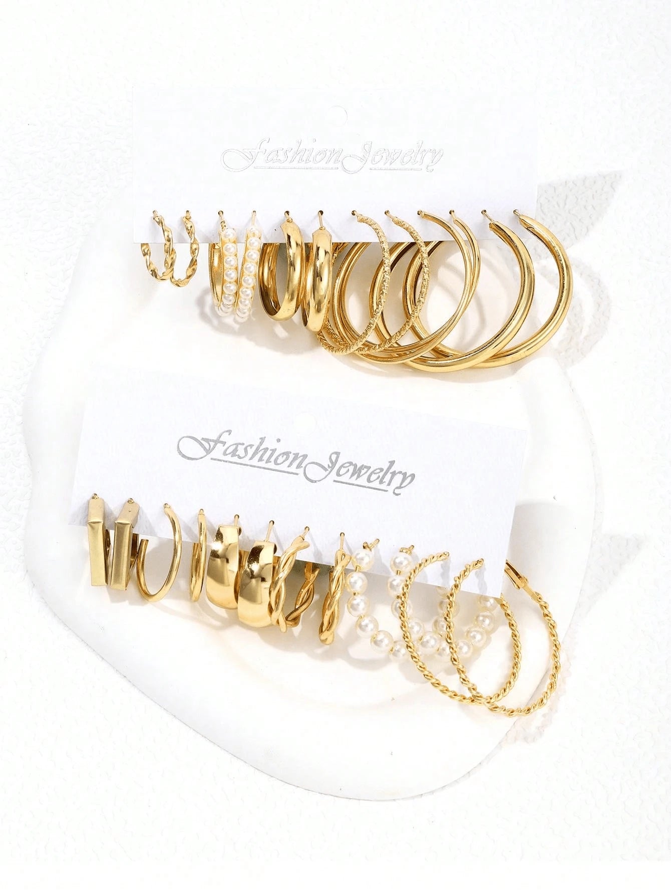 Bohemian Style Women Metal Earrings Set, Faux Pearl Hoops, C - Shape Stud Earrings, Suitable For Daily Wear, Party, Gift For Festivals - Negative Apparel