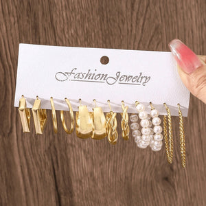 Bohemian Style Women Metal Earrings Set, Faux Pearl Hoops, C - Shape Stud Earrings, Suitable For Daily Wear, Party, Gift For Festivals - Negative Apparel