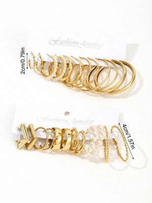 Bohemian Style Women Metal Earrings Set, Faux Pearl Hoops, C - Shape Stud Earrings, Suitable For Daily Wear, Party, Gift For Festivals - Negative Apparel