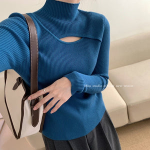 Bottom shirt women's 2022 autumn and winter new design sense medium collar inside with foreign style semi - turtleneck knitted sweater upper and outer dressing - Negative Apparel