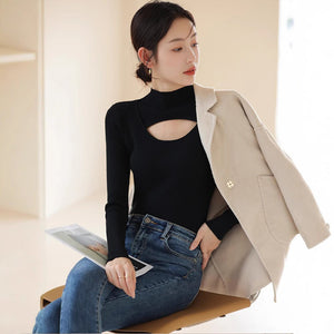 Bottom shirt women's 2022 autumn and winter new design sense medium collar inside with foreign style semi - turtleneck knitted sweater upper and outer dressing - Negative Apparel