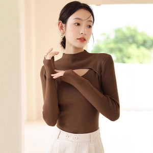 Bottom shirt women's 2022 autumn and winter new design sense medium collar inside with foreign style semi - turtleneck knitted sweater upper and outer dressing - Negative Apparel