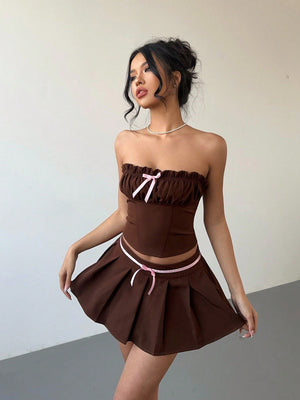 Bow Decor Tube Top And Pleated Skirt 2 Piece Set For Women - Negative Apparel