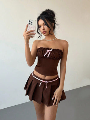 Bow Decor Tube Top And Pleated Skirt 2 Piece Set For Women - Negative Apparel