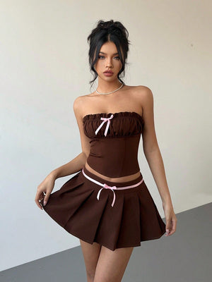 Bow Decor Tube Top And Pleated Skirt 2 Piece Set For Women - Negative Apparel