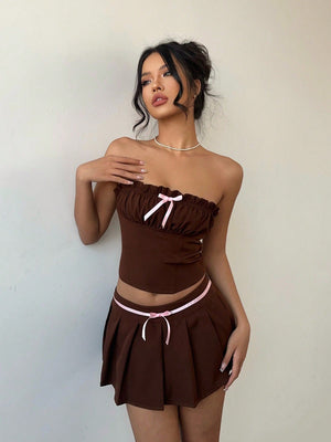 Bow Decor Tube Top And Pleated Skirt 2 Piece Set For Women - Negative Apparel