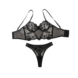 Breathable flower lace bow accessories hollow shaping pure desire sexy underwear split set - Negative Apparel