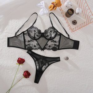 Breathable flower lace bow accessories hollow shaping pure desire sexy underwear split set - Negative Apparel