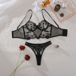 Breathable flower lace bow accessories hollow shaping pure desire sexy underwear split set - Negative Apparel