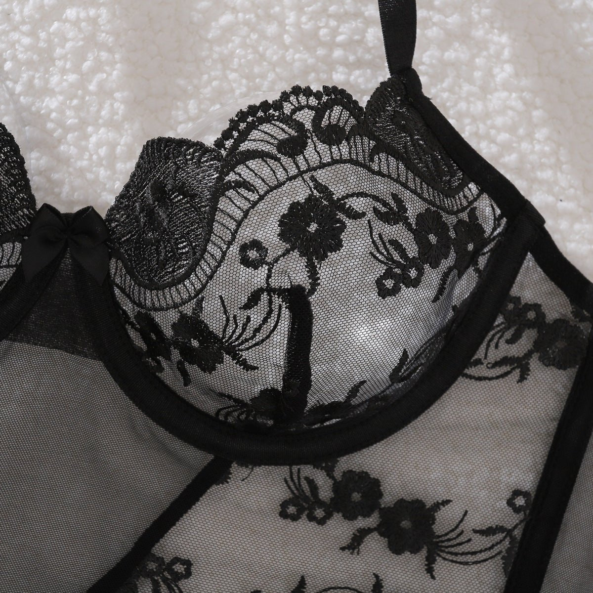 Breathable flower lace bow accessories hollow shaping pure desire sexy underwear split set - Negative Apparel