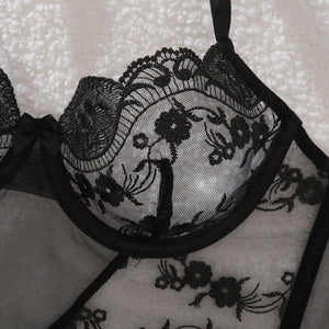 Breathable flower lace bow accessories hollow shaping pure desire sexy underwear split set - Negative Apparel