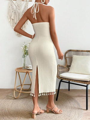 Breezaya Solid Color Halter Neck Fringed Hem Dress Maxi Vacation Beach Outfits Women - Negative Apparel