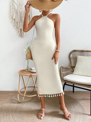 Breezaya Solid Color Halter Neck Fringed Hem Dress Maxi Vacation Beach Outfits Women - Negative Apparel