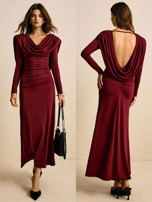 Burgundy Draped Cowl - Neck Ruched Maxi Dress FD - Negative Apparel
