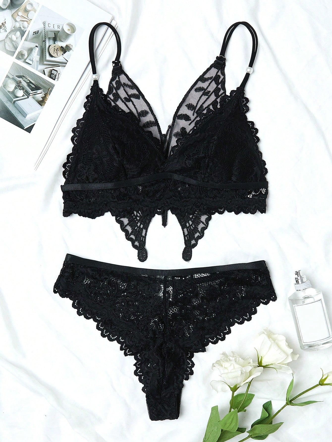 Butterfly Embroidery Floral Lace Underwire Lingerie Set - Negative Apparel