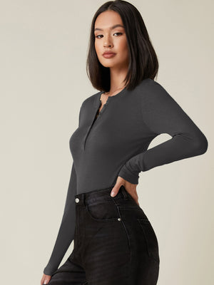Button Half Placket Rib-knit Tee - Negative Apparel