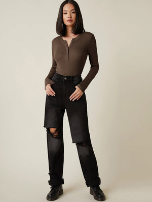 Button Half Placket Rib-knit Tee - Negative Apparel