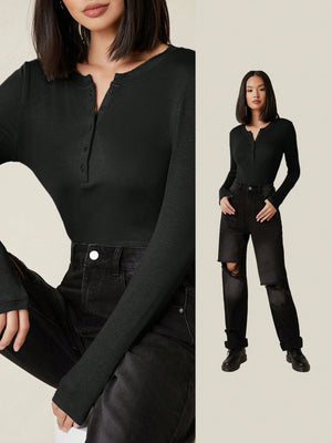 Button Half Placket Rib-knit Tee - Negative Apparel