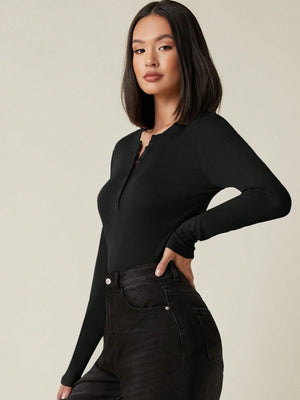 Button Half Placket Rib-knit Tee - Negative Apparel