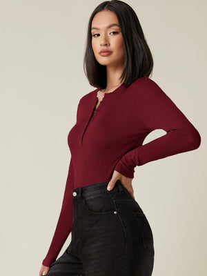 Button Half Placket Rib-knit Tee - Negative Apparel