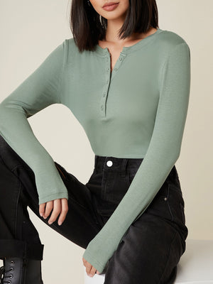 Button Half Placket Rib-knit Tee - Negative Apparel