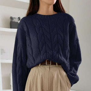 Cable Knit Dew Plush Sweater – Casual Korean Style Pullover for Women - Negative Apparel