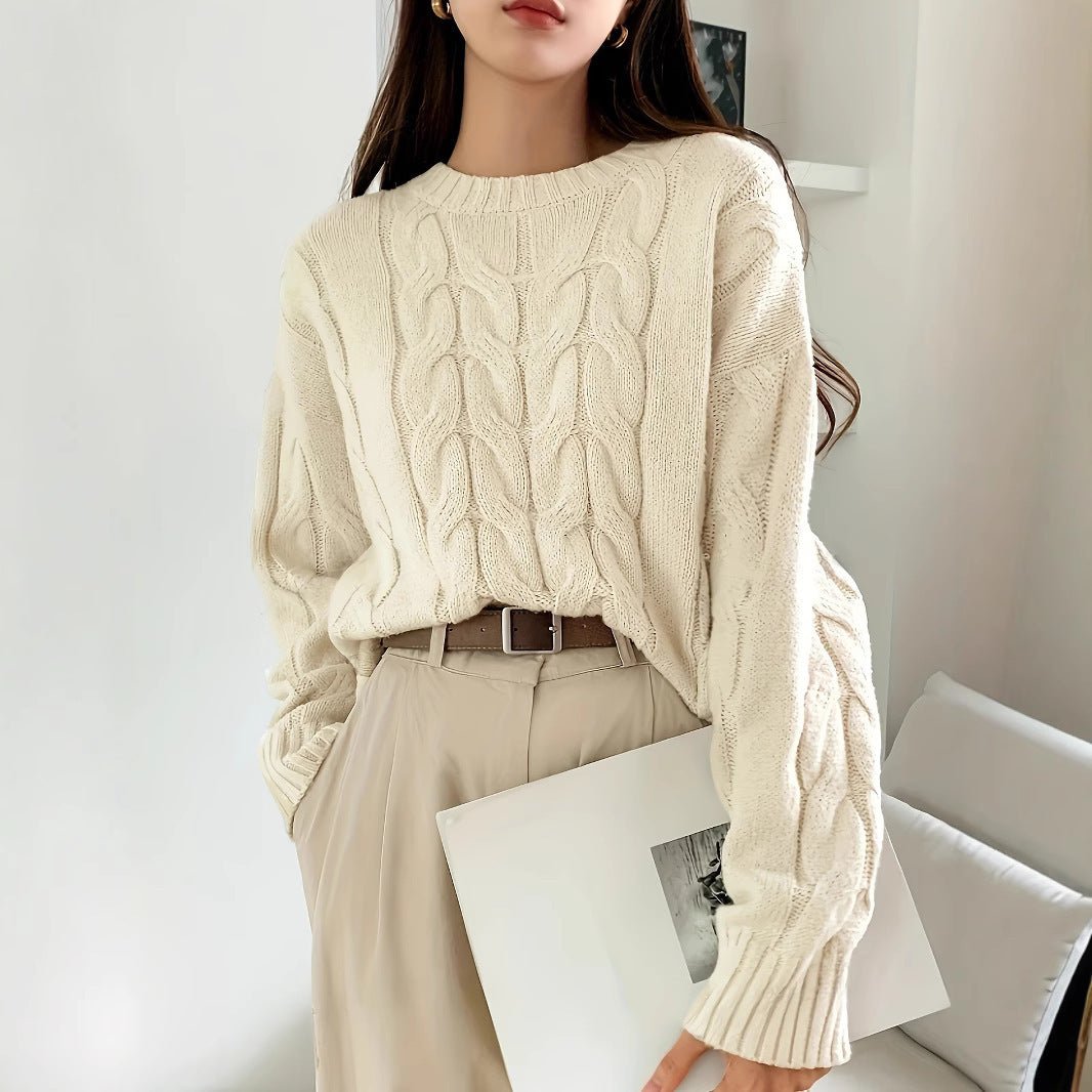 Cable Knit Dew Plush Sweater – Casual Korean Style Pullover for Women - Negative Apparel