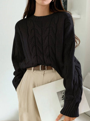 Cable Knit Dew Plush Sweater – Casual Korean Style Pullover for Women - Negative Apparel