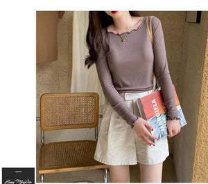 Candy color wood ear edge long sleeve T-shirt women's spring new style inner wear slim student solid color bottoming shirt ins top - Negative Apparel