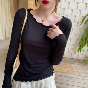 Candy color wood ear edge long sleeve T-shirt women's spring new style inner wear slim student solid color bottoming shirt ins top - Negative Apparel